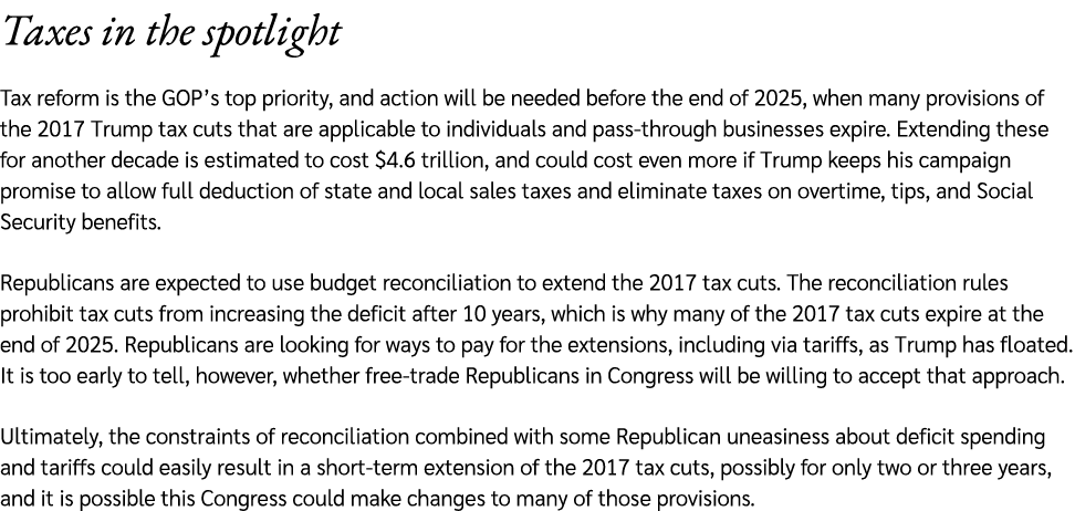Taxes in the spotlight Tax reform is the GOP’s top priority, and action will be needed before the end of 2025, when m...
